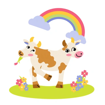 A two-headed calf with a patchwork of brown and white spots is joyfully playing on a vibrant green meadow. The calf has two expressive faces, both smiling and looking up towards the sky. Above the calf, a large, colorful rainbow arcs across the blue sky, with each color distinctly visible. Fluffy white clouds scatter throughout the background, adding to the cheerful atmosphere. Bright flowers bloom in shades of red, yellow, and purple around the calf, enhancing the playful scene.
