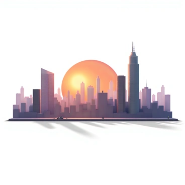 A vibrant sunset with shades of orange, pink, and purple filling the sky. The sun is low on the horizon, illuminating the outlines of a sprawling cityscape. Tall skyscrapers dominate the skyline, their glass windows reflecting the colorful hues of the sunset. The buildings cast long shadows onto the streets below, creating a stark contrast between light and dark. The city is bustling, with a few cars visible on the roads, and small silhouettes of people walking along the sidewalks, enjoying the scenic view.
