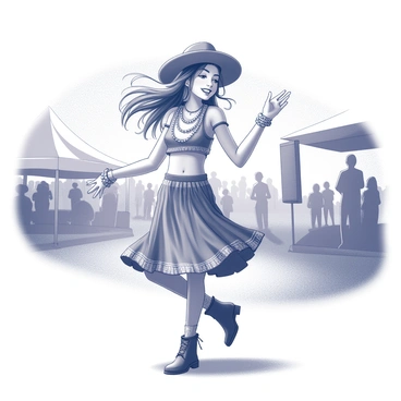 A girl is dancing joyfully at a lively music festival. She has long hair flowing freely and wears an eclectic outfit that combines various patterns and textures. Her clothing includes a cropped top with multiple layers and a flowing skirt that sways with her movements. Accessories like beaded bracelets and a wide-brimmed hat adorn her, enhancing her vibrant presence. The setting is filled with other festival-goers, colorful tents, and a stage in the background. Bright lights are illuminating the scene, and her expression reflects excitement and enthusiasm as she moves to the rhythm of the music.