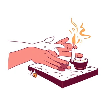 Two hands, one slightly larger than the other, are cupped gently around a small flickering candle. The candle is placed on a rough wooden surface, and the flame dances with a soft glow, casting warm light on the hands. A gentle breeze causes the flame to sway, making the hands appear protective as they shield the flickering light from the wind. The background is dim, enhancing the contrast between the bright flame and the shadows around it.