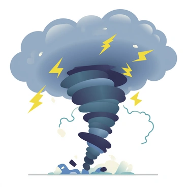 A large swirling tornado is dominating the scene, its dark, funnel-shaped body spiraling downward with great force. Bright, jagged lightning bolts are crackling and flashing through the winds, illuminating the stormy surroundings. The sky is filled with ominous gray clouds, creating a dramatic backdrop for the tornado. The debris is being pulled into the vortex, swirling around the base, and the ground is slightly blurred from the powerful winds. The overall atmosphere is charged with energy as the tornado continues to twist and turn.