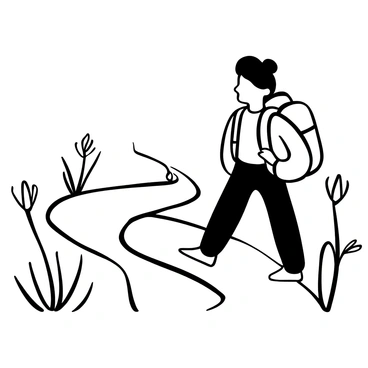 A young adventurer wearing a backpack stands confidently at the start of a winding trail. The trail is flanked by various budding plants, showcasing their leaves unfurling from the earth. In the background, there are subtle hints of trees beginning to sprout new growth. The scene is filled with an atmosphere of anticipation and exploration.