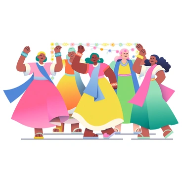 A group of women with varying skin tones is dancing joyfully during a baraat celebration. Each woman is wearing a distinct, colorful lehenga, showcasing vibrant hues such as pink, blue, yellow, and green. They are adorned with intricate jewelry, including earrings and bangles that catch the light. The women are captured mid-dance, some with their arms raised, while others are twirling gracefully. The setting features decorations with bright flowers and festive lights in the background, enhancing the joyful atmosphere. The expressions on their faces reflect happiness and excitement as they celebrate together.