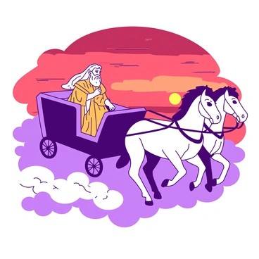 A purple chariot made of fluffy clouds is being pulled by two powerful white horses galloping through the sky. In the chariot, "Zeus" is confidently seated, with a long white beard flowing behind him. He is wearing a regal golden robe that catches the light of the setting sun. The sky is filled with a gradient of red and orange hues, creating a dramatic backdrop for the scene. Fluffy clouds surround the chariot, adding a sense of motion as it glides through the vibrant sunset sky.