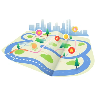 A vibrant city map is spread out in front of the viewer, showcasing various notable landmarks and parks. The map is filled with bright colors, highlighting different areas of the city. There are circular icons representing parks, each filled with shades of green, and star icons marking important landmarks in vibrant hues such as red, blue, and yellow. Streets are depicted in a series of clean, straight lines, varying in width and color to indicate different types of roads. The skyline in the background features stylized tall buildings in various shapes and colors, adding to the lively appearance of the map. A winding river can be seen running through the city, colored in shades of blue, with small bridges illustrated across it.