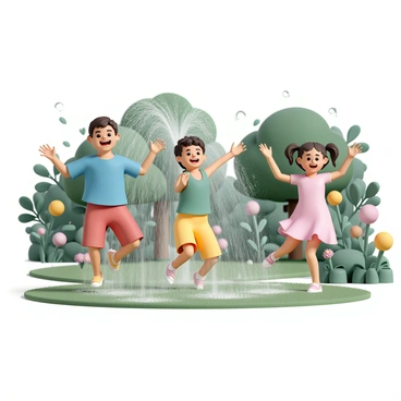 A group of three children, two boys and one girl, joyfully playing in the spray of a garden sprinkler. The first boy, wearing a blue t-shirt and red shorts, is laughing as he jumps into the water spray. The second boy has on a green tank top and yellow swim trunks, running with his arms outstretched, trying to catch the droplets. The girl, wearing a pink dress, spins around with her arms raised, letting the water soak her hair. The scene is set in a lush green backyard, with flowers blooming around and trees providing some shade. The sunlight sparkles through the water droplets, creating a cheerful atmosphere.