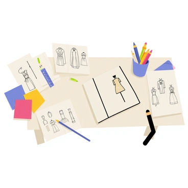 An artist's desk cluttered with various colored pencils and sketching tools. There are sheets of white paper scattered across the desk, each featuring detailed illustrations of fashion designs. Some designs show elegant dresses, while others depict stylish accessories. A small sketchbook lies open, revealing more design ideas. A cup filled with pencils stands prominently on one side of the desk, and a few fabric swatches in vibrant colors are placed nearby.