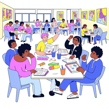 A group of art students sitting around a rectangular table in a lively cafeteria. Each student has a sketchbook open in front of them, filled with colorful drawings and notes. Some students are holding sandwiches, while others sip from tall drinks. The table is cluttered with art supplies like colored pencils, markers, and paintbrushes. The background shows other students at nearby tables, engaged in conversation and laughter. Brightly colored posters of famous artworks are hanging on the walls.