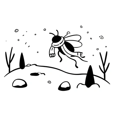 A fly wearing a detailed winter scarf is flying above a snow-covered landscape. The ground is blanketed in thick layers of snow, with small snowdrifts forming around scattered rocks. Flakes of snow are gently falling from the sky, creating a soft atmosphere. In the background, there are silhouetted trees with branches weighed down by the snow. The fly's scarf flutters behind it as it moves playfully through the chilly air.