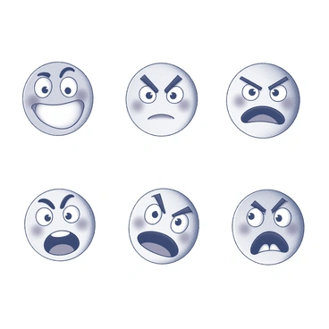 A chart displaying six different facial expressions arranged in two rows. The first row includes a "happy" face with a wide smile and bright eyes, a "sad" face with downturned lips and drooping eyes, and an "angry" face with furrowed brows and a frown. The second row features a "surprised" face with raised eyebrows and wide-open eyes, a "confused" face with a furrowed brow and a sideways glance, and a "calm" face with a relaxed expression and soft eyes. Each expression is clearly defined and easily distinguishable from the others.
