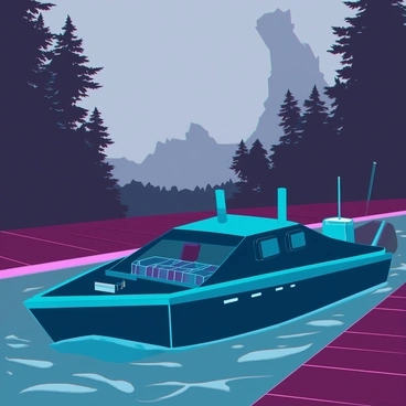 A small, rugged boat with a dark matte finish, featuring a low profile and sharp edges, is docked at a secluded wooden pier. The boat is equipped with hidden compartments for smuggling goods, with ropes coiled on the deck and a faint sheen of water glistening on its surface. The pier is surrounded by dense, shadowy trees, allowing minimal visibility to the outside. A dull gray sky looms above, hinting at an impending storm, while the water ripples gently around the boat, reflecting muted colors. A faint outline of crates can be seen stacked in the boat, suggesting illegal cargo waiting to be unloaded.