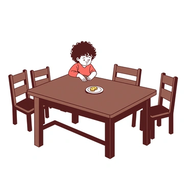A small child with curly hair is sitting alone at a large, rectangular dining table made of dark wood. The table is empty except for a small white plate in front of the child, which has a single cookie resting on it. The child is looking down at the plate with a thoughtful expression, and there are several wooden chairs surrounding the table, all unoccupied. The room has soft lighting, creating a warm atmosphere.