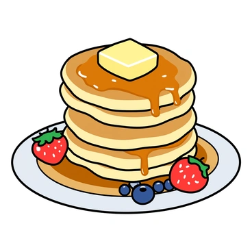 A tall stack of fluffy pancakes, golden brown in color, is neatly arranged on a round white plate. At the very top of the stack, a large pat of butter is placed, slowly melting and creating a glossy sheen. Surrounding the pancakes, a rich, amber-colored syrup is drizzled in a circular pattern, glistening under the light. A few blueberries and strawberries are scattered around the plate, adding a pop of color to the scene.