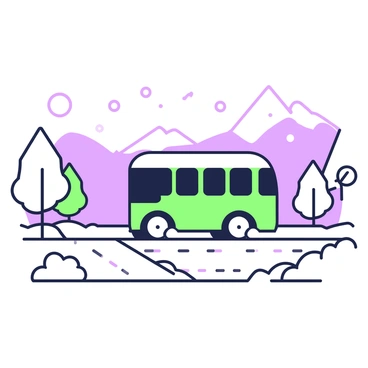 A bus is driving along a snowy road. The bus is large, with clearly defined windows and wheels, making deep tracks in the snow. Snowflakes are falling gently from the sky, some landing softly on the bus and the road. The surrounding landscape features snow-covered trees lining the sides of the road, and a faint outline of nearby hills can be seen in the distance. The scene captures the motion of the bus as it carefully maneuvers through the snowy conditions.