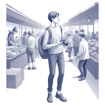 A person is standing in a bustling market, holding a camera in one hand and a city guidebook in the other. The individual has a look of curiosity and excitement, with a focused expression as they observe the vibrant surroundings. Stalls filled with various goods, such as fresh produce and handmade crafts, line the pathways. People are seen engaging in conversation and shopping, creating a lively atmosphere. The person is dressed casually, suitable for exploration, and a diverse crowd of shoppers and vendors adds to the dynamic scene.