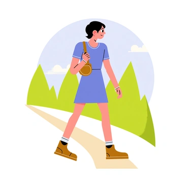 Juliet is depicted standing at the edge of a path, with a small brown bag slung over her shoulder. She has a determined expression on her face, her eyes focused ahead. Juliet wears a simple blue dress and sturdy brown boots, ready for her journey. The background features lush green trees and a clear blue sky, suggesting a bright day for her adventure.