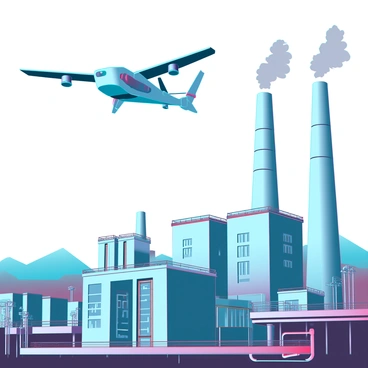 A sleek drone with a metallic finish is hovering above several tall smokestacks, each emitting plumes of gray smoke into the sky. The drone is equipped with advanced cameras and sensors, capturing data. Below, a bustling industrial area is visible, filled with large factories and machinery. The smokestacks are surrounded by a network of pipes and conveyor belts, emphasizing the scale of the operation. The sky is overcast, casting a muted light over the scene, while distant mountains can be seen on the horizon.