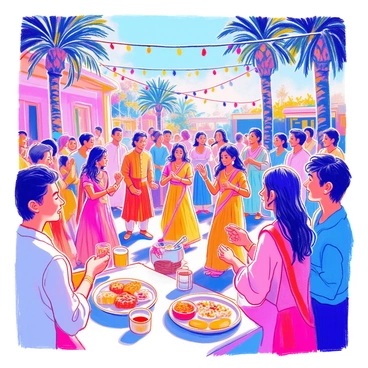 A group of guests is gathered in a spacious outdoor area adorned with colorful string lights and vibrant decorations. They are dressed in traditional attire, including bright lehengas and kurtas, adding to the festive atmosphere. Some guests are dancing joyfully to the rhythm of lively music being played by a small band in the corner. A couple of guests are clapping along, while others are laughing and chatting. There are platters of traditional snacks and drinks placed on tables, creating a warm and inviting setting for the event.
