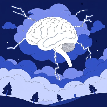 A stormy sky with lightning bolts forming the shape of a brain