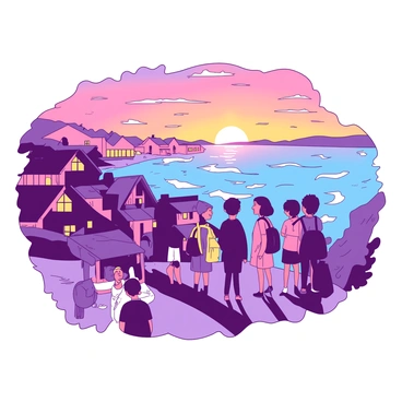 A duotone illustration depicts a seaside town with a view from a hilltop. The town is characterized by quaint houses with sloping roofs and vibrant windows, nestled along the shore. In the foreground, a group of school children is gathering on the hilltop, their silhouettes outlined against the colorful sunset sky. The children are diverse, wearing casual clothing, and some are holding backpacks. The sun is setting on the horizon, casting warm light over the ocean waves, while the sky transitions through shades of {color_1} and {color_2}. The gentle sound of waves can be imagined as the scene captures the moment of camaraderie and joy among the children.