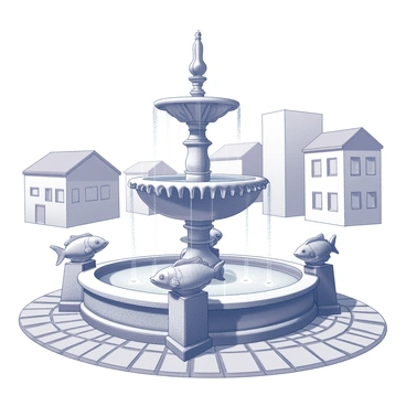 A decorative fountain situated in an urban environment. The fountain is the central element, surrounded by cobblestone pathways. Intricate sculptures of fish are positioned around the fountain, each fish displaying detailed features such as fins and scales. Water cascades gracefully from the fountain's spouts, creating a dynamic interaction between the flowing water and the decorative elements. The backdrop includes buildings with various architectural styles, adding depth to the city scene.
