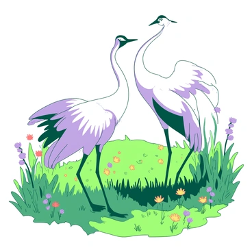 Two teal cranes are gracefully performing a courtship dance in a vibrant green meadow. The grass is tall and lush, gently swaying in the breeze. One crane is slightly more elegant, with its wings extended, showcasing its white feathers while the other crane mirrors the movement with its wings partially raised. Surrounding them are colorful wildflowers dotting the meadow, adding splashes of yellow and purple to the scene. The sky above is clear, allowing warm sunlight to illuminate the cranes and the lively environment around them.