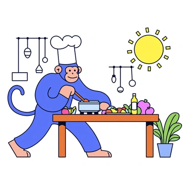 A chimpanzee wearing a tall white chef's hat stands at a wooden outdoor kitchen counter. The chimpanzee is actively stirring a pot on a small stove with a wooden spoon. Various ingredients are neatly arranged on the counter, including colorful vegetables and a bottle of olive oil. A bright sun overhead casts light on the scene, creating a lively atmosphere. In the background, there are green plants and utensils hanging from hooks on the walls of the outdoor kitchen.