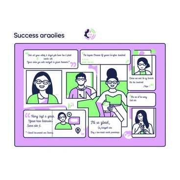 A recruitment agency's interior wall is prominently displaying success stories through a series of framed photographs and testimonials. The wall features a large collage of images that include diverse professionals in various work environments, smiling and engaged in their roles. Each photo is accompanied by a brief testimonial written in elegant lettering. The testimonials highlight the individuals' career achievements and the role the agency played in their successes. The wall is decorated with additional elements, such as decorative borders around the frames and a small logo of the agency at the top center, enhancing the overall presentation of the success stories.