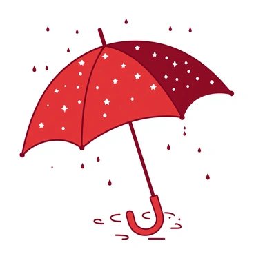 A red umbrella with a canopy of twinkling stars is open, providing shelter from a gentle rain. The stars create a mesmerizing pattern across the surface of the umbrella. Raindrops are falling softly around the umbrella, glistening in the light. The ground is slightly wet, reflecting the light of the stars overhead.
