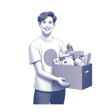 A cheerful volunteer is standing upright, smiling broadly. They are holding a donation box in front of them, which is overflowing with various items. The volunteer is wearing a shirt with a logo that signifies charity work. Their hair is styled neatly, and they have a friendly expression. The donation box is rectangular with an open top, revealing an assortment of items inside, including toys, books, and clothing. The background is simple and unobtrusive, focusing attention on the volunteer and the donation box.