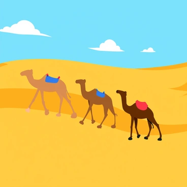 A group of camels with saddles walks in a single file across a vast landscape of golden sand dunes. The camels have varying shades of brown fur, and their long legs create deep footprints in the soft sand. Above them, a bright blue sky features a few fluffy white clouds scattered throughout. The dunes rise and fall in gentle waves, casting shadows that create a sense of movement across the terrain. In the distance, a faint outline of a distant dune can be seen, suggesting the endless nature of the desert.