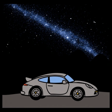 A sleek Porsche 911 with a shiny silver exterior parked on a quiet road. The car is facing slightly to the right, showcasing its iconic curves and sporty design. Above the car, a vast starry night sky is filled with countless twinkling stars. The Milky Way is prominently visible, stretching across the sky in a brilliant band of light, creating a stunning backdrop for the scene. The landscape around the car is dark, with hints of distant mountains silhouetted against the night sky.