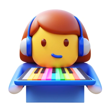 A person with short brown hair is focused on playing a virtual piano keyboard displayed on a tablet. The tablet is held in their lap, and their fingers are poised above the bright, colorful keys on the screen. The room is softly lit, emphasizing the glow from the tablet. The person's expression shows concentration and enjoyment as they engage with the music. A pair of headphones rests around their neck, hinting at an immersive experience.