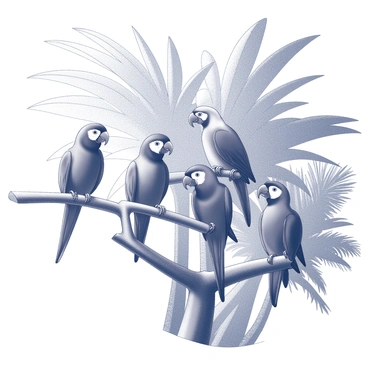 A group of parrots perched on a thick branch of a tropical tree. The parrots display a variety of detailed feather patterns, with some having long tails and distinct beaks. The branch is surrounded by dense leaves and foliage, creating a rich texture and depth. The light filters through the tree canopy, highlighting the intricate details of the birds and the surrounding greenery.