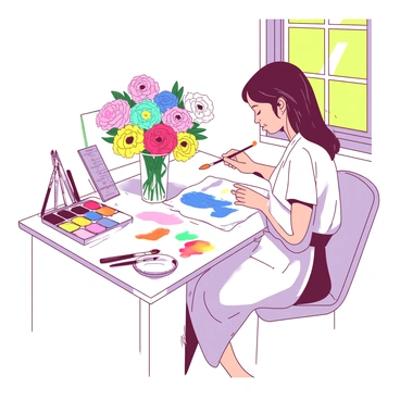 A white desk is adorned with various watercolor supplies, including a set of vivid paints and brushes. "Emily Dickinson" sits at the desk, focused on painting a vibrant array of flowers. The flowers are arranged in a small glass vase, capturing the colors of a garden in full bloom. Emily, with her hair tied back, wears a simple dress as she delicately applies paint to the textured paper. Sunlight streams through a nearby window, illuminating the scene and creating a warm atmosphere.