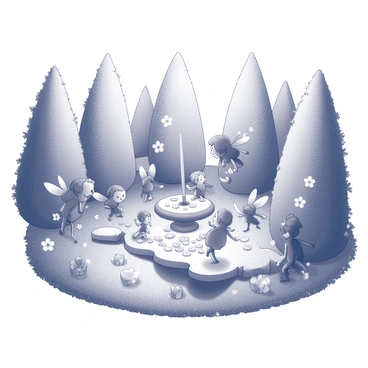 A hidden garden surrounded by dense foliage and tall hedges. The garden is filled with soft green grass and various types of blooming flowers. In the center, there is a small stone fountain with gently flowing water. Tooth fairies, small and delicate, with transparent wings, are flitting about the garden. They are gathered around a table made of a large leaf, displaying tiny treasures such as sparkling teeth and shiny coins. Some fairies are laughing and sharing stories, while others are carefully examining their finds. The atmosphere is lively and filled with a sense of wonder and enchantment.