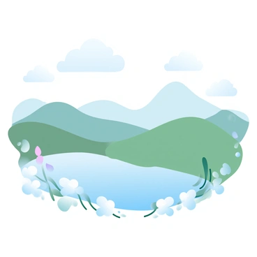A picturesque landscape featuring rolling hills in soft pastel shades of green and blue. A calm lake is nestled among the hills, reflecting the gentle colors of the sky above. The scene is dotted with fluffy white clouds, and delicate wildflowers can be seen swaying slightly in the foreground. The entire setting embodies a tranquil ambiance, inviting a sense of serenity and relaxation.