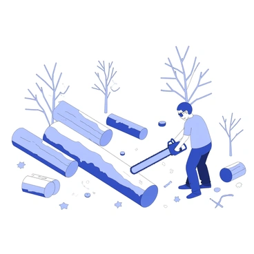 A person is operating a chainsaw while standing beside a large log. The individual is wearing safety goggles and ear protection, and is positioned slightly bent forward, focused on the task. Wood chips are flying from the cut log, and there are several neatly stacked logs nearby. In the background, there are bare trees, indicating a wintry environment. The ground is covered with fallen leaves and scattered branches, creating an organized yet industrious atmosphere.