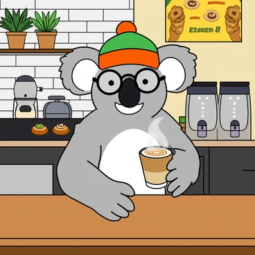 A hip koala mascot with large round glasses and a colorful beanie on its head is standing behind a sleek wooden counter at a trendy coffee shop. The koala has a friendly expression, showing its white fur around the snout and big, fluffy ears. It is holding a steaming latte in one paw, showcasing beautifully crafted latte art on the surface. The café has modern décor, with potted plants and vibrant wall art in the background. Various coffee-making equipment and pastries are visible on the counter, adding to the lively atmosphere of the coffee shop.