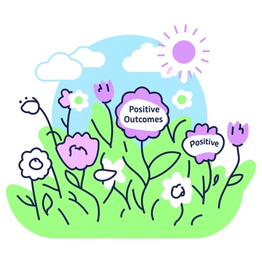 A vibrant garden is filled with a variety of flowers in full bloom under the sun. Each flower has a label that reads "Positive Outcomes," signifying the success of different teams' efforts. The flowers are of various shapes and sizes, with some standing tall while others are low to the ground. Surrounding the flowers, there are green leaves and stems, creating a lush and flourishing environment. In the background, a clear blue sky can be seen, complementing the lively scenery of the garden.