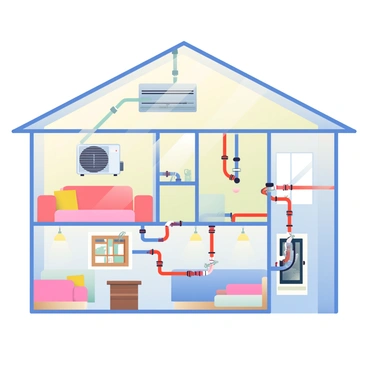 A simplified cutaway view of a home's interior wiring system for air conditioning is presented. The image displays a cross-section of the house, revealing various rooms such as the living room, kitchen, and bedrooms. The wiring is color-coded, with blue wires representing the power supply and red wires indicating the air conditioning circuit. 

In the living room, an air conditioning unit is mounted on the wall, with visible ducts extending through the ceiling. The kitchen features a junction box where multiple wires converge, showcasing connections to various appliances. In the bedrooms, the wiring runs along the baseboards, and there are light fixtures with wires leading to the circuit panel located in a corner of the house. The layout is clear, allowing easy visualization of how the wiring components interact throughout the home.