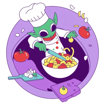 An alien chef with green skin and large purple eyes is floating in a spacecraft, tossing a large bowl of pasta in zero gravity. The chef is wearing a white chef's hat and an apron covered in colorful stains. Around the chef, various ingredients are floating, including red tomatoes, yellow bell peppers, and white garlic cloves. A teal knife and a purple cutting board are also floating nearby, adding to the scene. The interior of the spacecraft is metallic and sleek, providing a futuristic backdrop to the cooking activity.