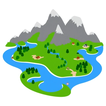 A detailed map of a fictional fantasy world featuring towering mountains with jagged peaks and winding rivers that flow through lush valleys. The mountains are depicted in varying shades of gray and brown, showcasing their rocky textures. The rivers are illustrated in bright blue, snaking through the landscape and connecting to large lakes. There are forested areas indicated by clusters of green trees, and small villages marked with simple icons. The map includes labeled regions and a compass rose in one corner, enhancing the sense of exploration in this imaginative setting.