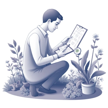 A botanist is kneeling in a lush garden, surrounded by various types of greenery and blooming plants. The botanist has short hair and is wearing a professional outfit, holding a clipboard with one hand. The clipboard is filled with neatly written mathematical formulas related to plant growth. The other hand is carefully examining a plant, with a magnifying glass positioned above a leaf to inspect its details. The garden is filled with an array of plants and flowers, creating a rich, dense environment around the botanist.