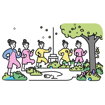 A historical garden featuring multiple ancient statues each depicting a different tai chi pose. The statues are made of weathered stone, showing intricate details of clothing and facial expressions. The garden is surrounded by lush greenery, with flowering plants in various colors, creating a serene atmosphere. A pathway made of cobblestone winds through the garden, leading to a small stone bench placed under a large tree. Sunlight filters through the leaves, casting gentle shadows on the ground. Each statue is positioned in a way that suggests fluidity and grace in motion.