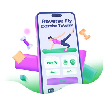 A modern pastel illustration of a fitness app interface displaying the words "Reverse Fly Exercise Tutorial" in bold letters at the top. The interface features a large animated illustration of a person performing a reverse fly exercise, showcasing proper form. Below the animation, there are step-by-step instructions next to visually appealing icons for each step, including a check mark, a timer, and a heart rate monitor. The background consists of soft pastel colors, with decorative elements like dumbbells and yoga mats surrounding the interface.