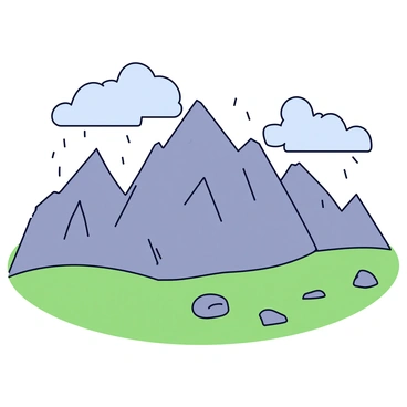 A mountain range with sharp, jagged peaks, partially covered in a layer of rain. The mountains are rocky with a rugged texture. Low-hanging clouds drift around the peaks, creating a misty atmosphere. The foreground features a green valley with patches of grass and scattered rocks, contrasting with the gray tones of the rain and clouds.