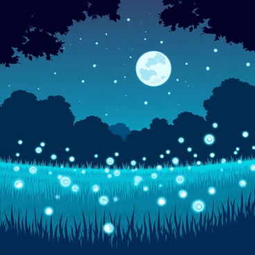 A nighttime meadow illuminated by numerous glowing fireflies, creating a magical atmosphere. The grass is lush and green, swaying gently in the night breeze. In the background, dark silhouettes of distant trees frame the scene against a starry sky, where the moon casts a soft light. The fireflies flicker in various patterns above the meadow, adding a sense of movement to the tranquil setting.