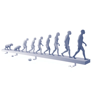 An illustration depicting the evolution of a species over time. In the foreground, a timeline displays various stages of development, starting with an ancient, primitive version of the species on the left. This version is characterized by simple features and perhaps a more rugged appearance. As the timeline progresses to the right, each successive stage shows gradual changes and adaptations in anatomy, culminating in a modern representation of the species on the far right. The modern version features more refined characteristics and a sleek form. Surrounding the timeline, subtle details depict various environmental changes that correspond to each stage of evolution.