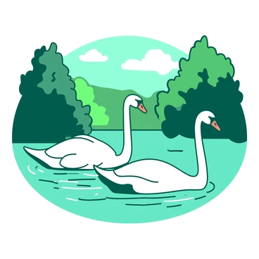 A duo of white swans with long necks is gliding smoothly across a teal lake. The water is calm, reflecting the shapes of the swans as they move. One swan is slightly ahead of the other, creating gentle ripples behind them. Surrounding the lake, there are lush green trees that frame the scene, with the sun casting soft shadows on the water's surface. The ambience is peaceful, emphasizing the grace and beauty of the swans.